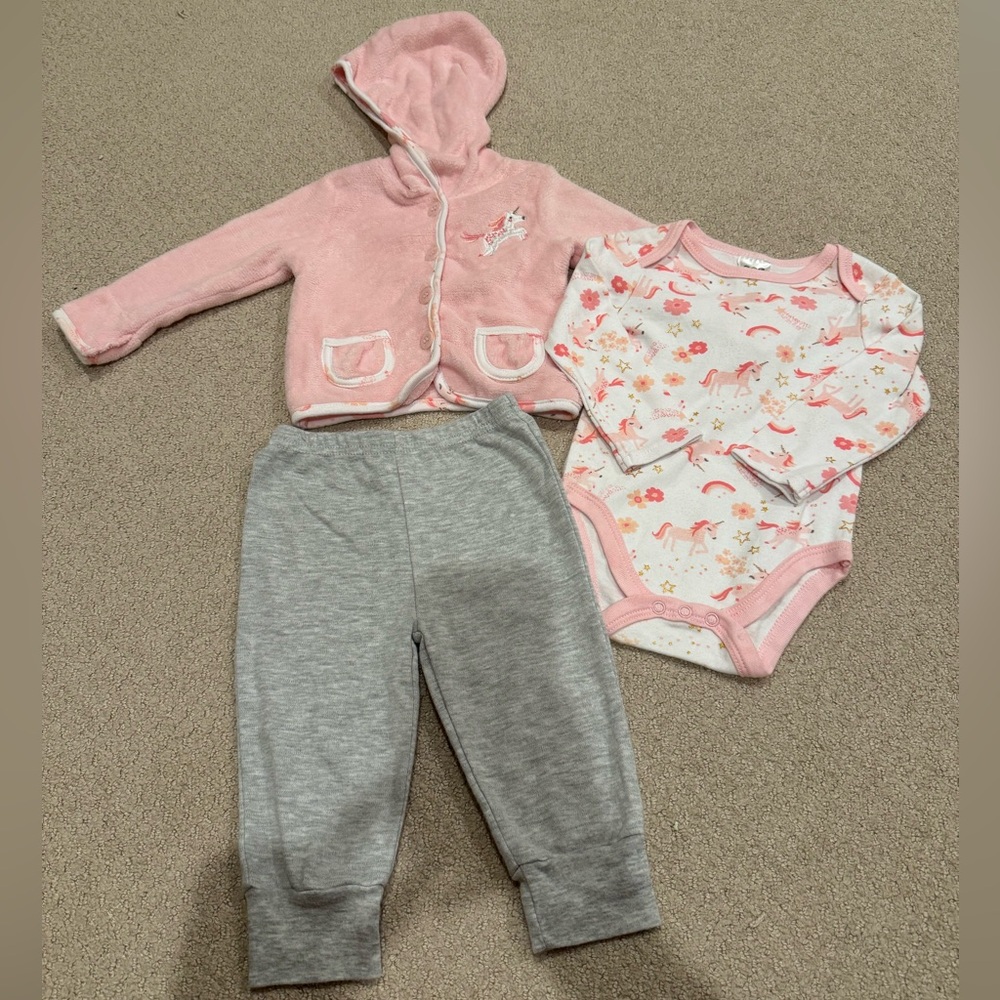 CJP Baby Pink Hoodie Jacket, Pink Unicorn Long Sleeve Onesie, & Grey Pants